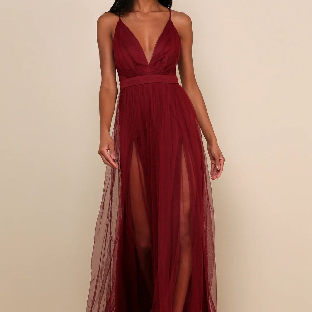 Lulus Rare Beauty Burgundy Tulle Backless Maxi Dress, L